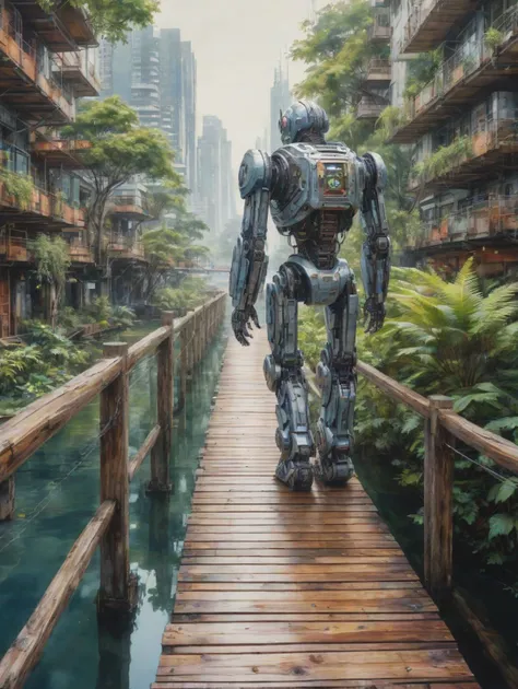 cybernetic robot Intricate wooden footpath meandering alongside calm waters within a lush, futuristic sci-fi city seamlessly integrated with nature. Lurid's (2022) stunning watercolor captures the harmonious essence. Soft, warm hues envelop the scene, an inviting color scheme. . android, AI, machine, metal, wires, tech, futuristic, highly detailed