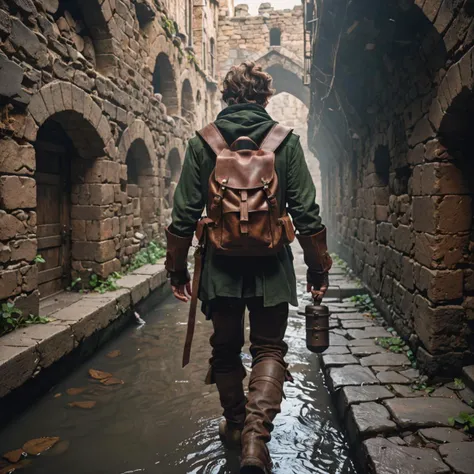 elf rogue adventurer walking upstream in the sewers holding his leather backpack, epic, unusual-angle, ruins setting, RPG fantasy, medieval gothic aesthetic