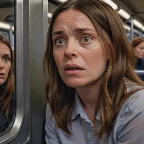 Hyperrealistic art half body shot, woman looking confused sitting in the train carriage, looks at viewer, pretty lady, impressionistic realism, csybgh, <lora:csybgh:1.1> <lora:confused:2> confused . Extremely high-resolution details, photographic, realism pushed to extreme, fine texture, incredibly lifelike