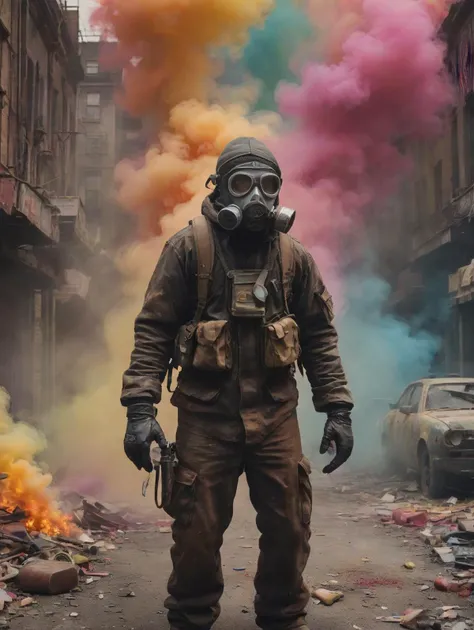 Girl in a gas mask holding balloons and flowers, wearing a gas mask, Gas mask, She wears a gas mask, gas masks, wearing gas masks, wearing a botanical gas mask, mascara de gas, post - apocalyptic vibe, she wear red eyed gasmask, toxic air, creative photo manipulation, Fotografia Alexey Gurylev, photo manipulation, fotografia surreal