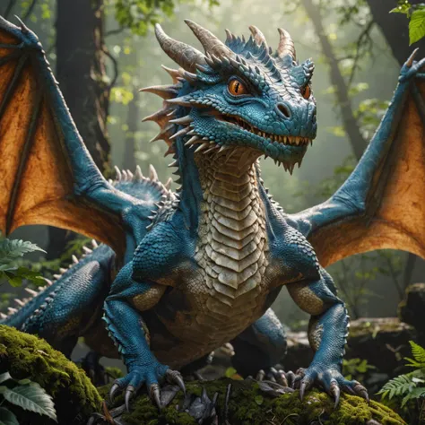 Dragon in mountain forest, hyperdetailed, accurate anatomy, exotic reptilian animal creature, (photorealistic), detailed clean eyes, highly detailed skin, soft studio lighting, backlight, intricate, nature, full shot, symmetrical, fantasy art
