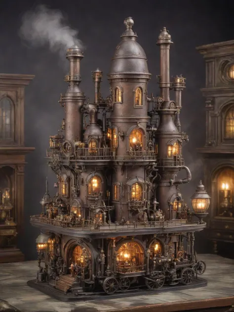Steampunk City An elegant executive toy showcased in a professional product photo, reminiscent of the exquisite Cinestill 2025 photographic style.. Underground Victorian city of whimsical steam-powered marvels, great cast iron vistas, clanking pneumatic innovations at every turn