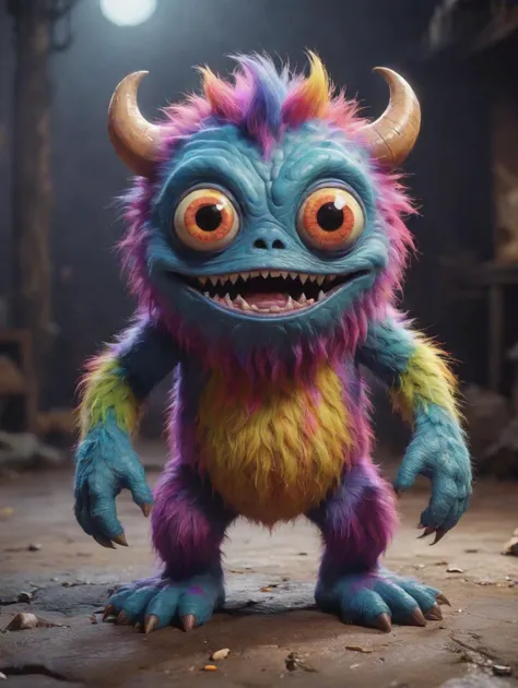 (cute monster:1.2, colorful:1.1, clutter:1.1, ultra detailed:1.2, mysterious:1.1, scary:1.1, perfect environment:1.2, cinematic lighting:1.2, product photography:1.1, unreal engine:1.1, 8K:1.2) Capture a captivating scene featuring an adorable, yet detailed and colorful monster. Let the environment be perfectly designed to enhance the creature's aura of mystery and scariness. Utilize cinematic lighting to create a dramatic and visually stunning effect. Apply techniques inspired by product photography to highlight every intricate detail of the monster's appearance. Utilize the power of Unreal Engine to bring this scene to life with ultra-realistic textures and visuals. Aim for an 8K resolution to fully immerse the viewer in this fantastical world.