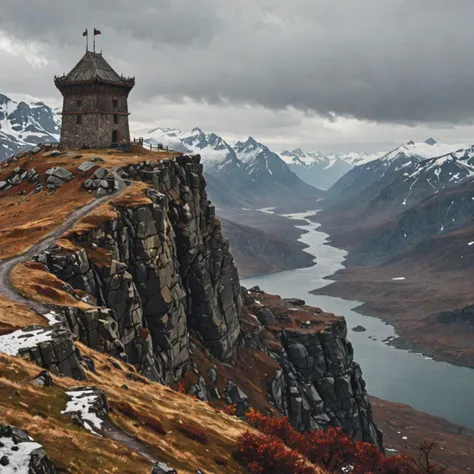 a vast and epic fantasy landscape in the far north, a medieval viking guard tower is standing atop a cliff, tundra vegetation, sparse trees, epic mountains in the background, glaciers and snow, cloudy day, fall, cold atmosphere