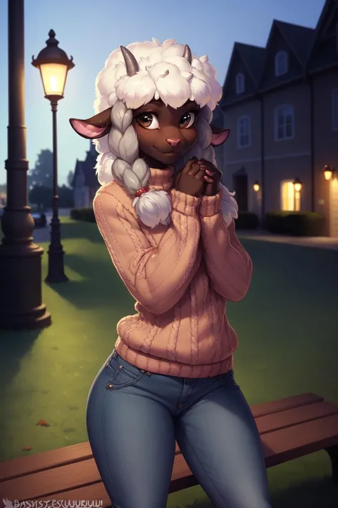 uploaded on e621, explicit content, 3d:0.8, (bastika, cutesexyrobutts, hioshiru), female, solo, wooloo, park setting, walking path, benches:0.5, (street lamps:0.6), night, dimly lit, (cozy sweater, jeans:1.2), hands together, cute pose, cute, three-quarter portrait, closeup
<lora:Wooloo:0.6>