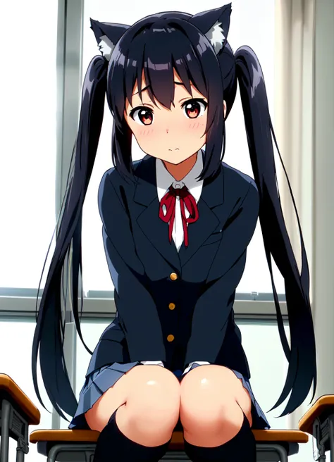 <lora:NakanoAzusa:0.35>, masterpiece, highest quality, high detail, (cinematic light:1.1), (detailed face and eyes:1.1), ((POV)), Nakano Azusa, ((fake cat ears)), (((shy))), sakuragaoka high school uniform, long hair, school uniform, black hair, ((twintails)), dark brown eyes, brown eyes, 1girl, solo, neck ribbon, ((a navy blue blazer with red narrow ribbon)), ((a solid white buttoned shirt under the blazer)), ((a light steel blue pleated skirt)), black socks, (((classroom))), by Jeremy Lipking, (by Greg Rutkowksi:0.8)