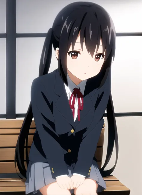 <lora:NakanoAzusa:0.5>, ((anime background)), (((masterpiece))), highest quality, best quality, high detail, Nakano Azusa sitting on a park bench, full body, sakuragaoka high school uniform, long hair, school uniform, black hair, twintails, ((brown eyes)), 1girl, solo, neck ribbon, a navy blue blazer with red narrow ribbon, a solid white buttoned shirt under the blazer, a light steel blue pleated skirt, ((black socks)), ((summer park)), epic realistic, (dark shot:1.22), neutral colors, (hdr:1.4), (muted colors:1.4), (intricate), (artstation:1.2), dramatic, intricate details, (technicolor:0.9), detailed, intricate, cinematic, detailed, soft cinematic light, adobe lightroom, photolab, hdr, intricate, highly detailed, ((((depth of field))))