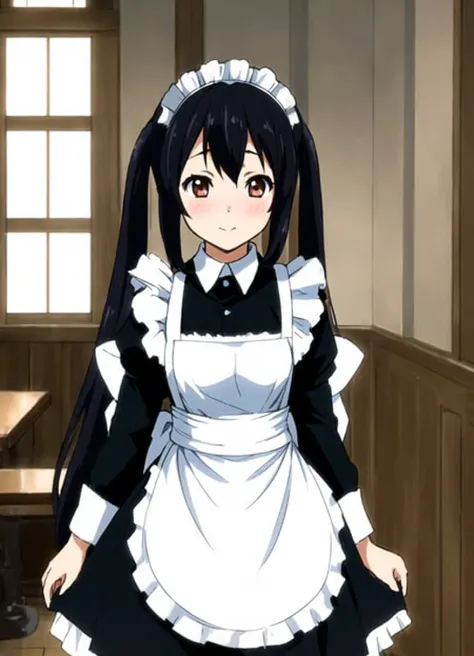 (((1girl))), ((masterpiece)), ((Nakano Azusa)), long hair, (((formal maid costume)))), ((maid)), (((twintails))), black hair, enmaided, dark brown eyes, brown eyes, alternate costume, apron, ((closed maid costume)), (((restoraunt))), best quality, (((cafe))), indoors, smile, (((very small breasts))), (blush:1.3), epic realistic, (dark shot:1.22), neutral colors, (hdr:1.4), (muted colors:1.4), (intricate), (artstation:1.2), dramatic, intricate details, (technicolor:0.9), detailed, intricate, cinematic, detailed, ((intricate details)), hdr, ((intricate details, hyperdetailed)), <lora:NakanoAzusa:0.5>