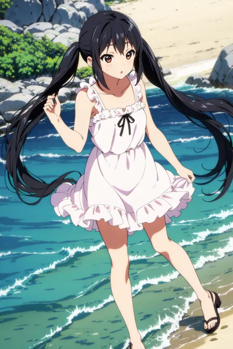 <lora:NakanoAzusa:0.5>,Azusa_Nakano, 1girl, long hair, twintails,black hair, brown black eyes, on the beach, white_sundress,