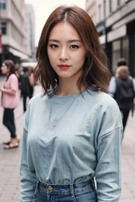 a woman, (realistic), (hyperrealism), (photorealistic), depth of field, eye makeup:0.3, (upper body:1.2), (narrow waist:0.7), looking at the viewer, casual outfit, at the city streets, <lora:httpyeonhee:0.45>