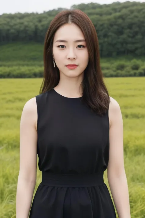 yeonhee1, a woman, (realistic), (hyperrealism), (photorealistic), depth of field, eye makeup:0.8, (upper body:1.2), (narrow waist), looking at the viewer, black dress, at the field, <lora:httpyeonhee:0.45>