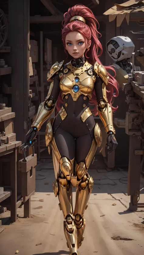 female, woman, robot super model, gold mechanical parts, designer body modifications,long voluminous hair, opulent scene, <lora:EnvyBeautyMix25:0.8> <lora:nijiMecha:0.4>