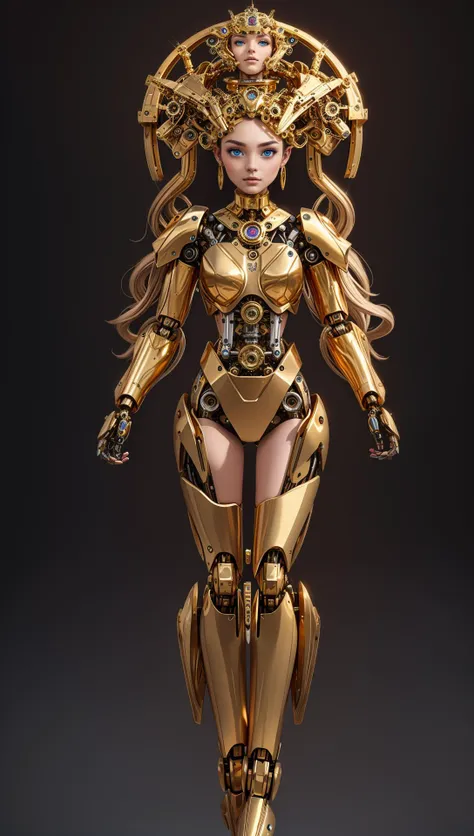 female, woman, robot super model, gold mechanical parts, designer body modifications,long voluminous hair, opulent scene, <lora:EnvyBeautyMix25:0.8> <lora:nijiMecha:0.4>
