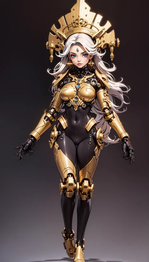 female, woman, robot super model, gold mechanical parts, designer body modifications,long voluminous hair, opulent scene, <lora:EnvyBeautyMix25:0.8> <lora:nijiMecha:0.4>