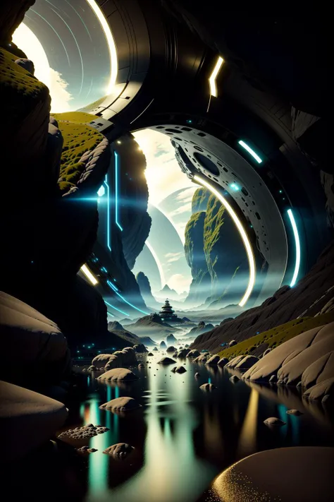 a man standing in a cave with a stream , Beeple, cinema 4 d, digital art, computer art , science fiction, inspired by -.Submarine.Films