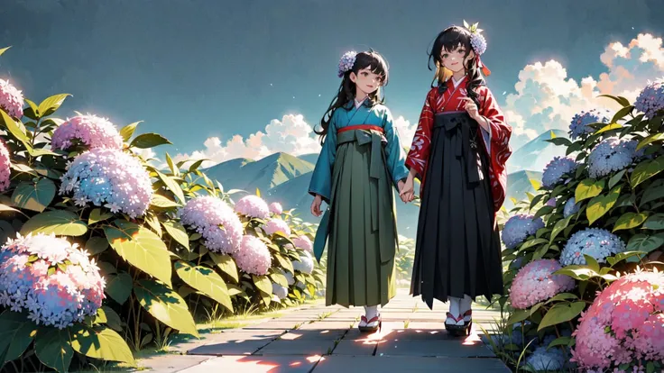 ((masterpiece, best quality, extremely detailed, insanely detailed, detailed CG, 8k wallpaper)), (2girls:1.4), walking together, super idol, perfect face, teen, outdoors, (summer cloud:1), (black hair, long hair, hakama, kimono:1.1), hair ornaments, walking, (hydrangea:1.2), (green leaves), (wide shot:1.2), (asymmetry:1.4), full body, relaxing, comfortable, warming, smiling, mountain, fantasy, imaginary, mythically, shadows, dynamic, alive, peaceful, serene, quiet, tranquil, calm, silent, intuition, adaptability, creativity, imagination, artistry, inspiration, awe, wonder, gratitude, appreciation, mindfulness, awareness, connection, harmony, balance, texture, detail, realism, depth, perspective, composition, color, light, shadow, reflection, refraction, tone, contrast, foreground, middle ground, background, naturalistic, figurative, representational, impressionistic, expressionistic, abstract, innovative, experimental, unique, <lora:hakama v10:0.7>