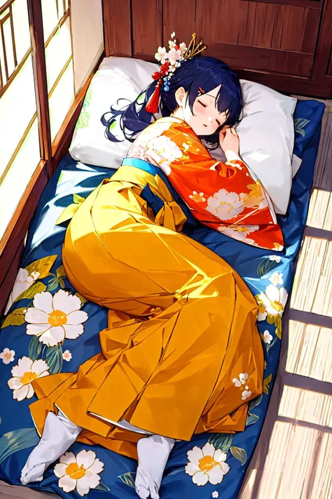 hakama skirt, 1girl, solo, full body, lying, sleeping, indoor, cute japanese model girl, floral print, hair ornament, kimono, hakama, masterpiece, best quality,