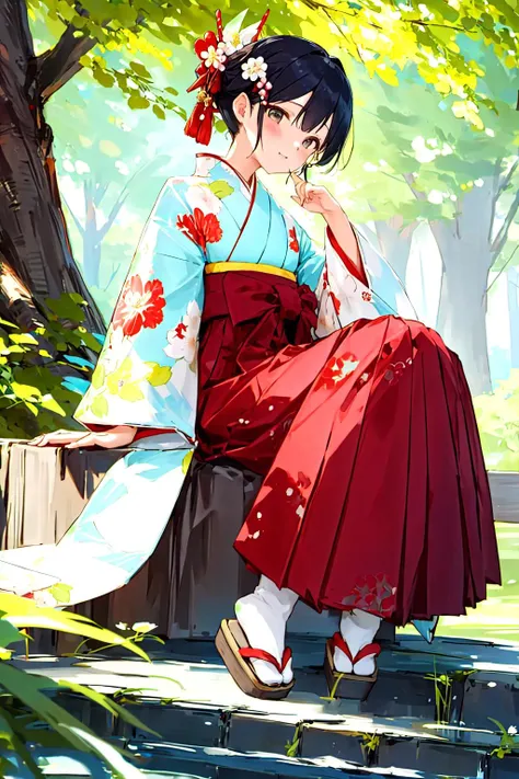 hakama skirt, 1girl, solo, full body, sitting, outdoor, cute japanese model girl, floral print, hair ornament, kimono, hakama, masterpiece, best quality,