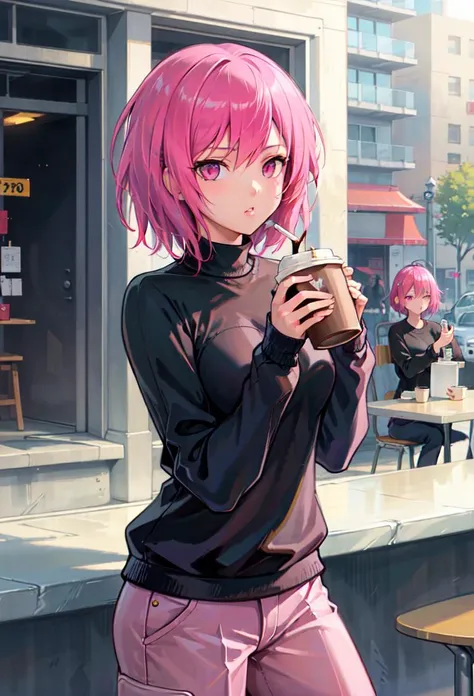 ((masterpiece, best quality)), 1girl, drinking coffee
nyah, pink hair, pink eyes, short hair, black sweater, pants <lyco:nyahBeatmania:0.6>
