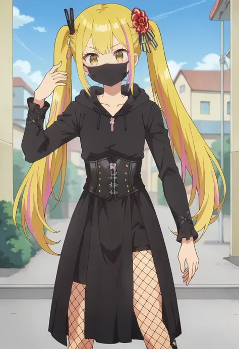 , <lora:assassin:0.8>hud_smurai, black dress, pelvic curtain, long sleeves, corset, (hood:1.2), mouth mask, fishnet pantyhose,  <lora:Sara de Odin:1> sara de odin, blonde_hair, long_hair, 1girl, multicolored_hair, , streaked_hair, pink_hair, hair_ornament, solo, yellow_eyes, bangs,    twintails, score_9, score_8_up, score_7_up, , anime coloring ,BREAK source_anime, anime