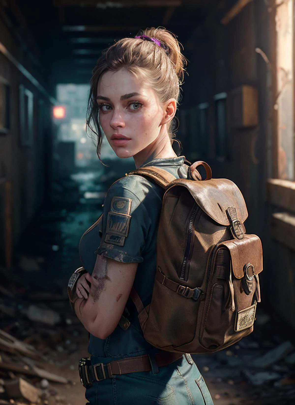 (masterpiece:1.3), (best quality:1.2), (intricate detailed:1.2), (hyperrealistic:1.2), (professional photograpy:1.1), highly detailed, absurd res, 1girl, fallout inspired, dirty face, defiance512, exploring post apocalyptic city, post apocalyptic ruin, <lora:edgMechagirl:0.3> (style-rustmagic:0.6), fcPortrait, <lora:RFKTR_technotrex:0.3>