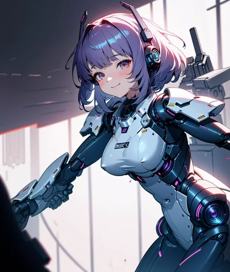 4K, Masterpiece, highres, absurdres,natural volumetric lighting and best shadows, smiling,deep depth of field,soft delicate beautiful attractive, sharp focus,edgMechagirl, a woman in a mecha outfit,futuristic armor,wearing edgMechaGirl cyber_armor,cowboy shot<lora:edgMechagirl:0.7>