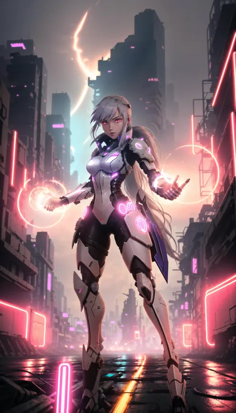 (cowboy shot), sfw, (masterpiece), (best quality:1.0), (ultra highres:1.0), detailed eyes,
BREAK
<lora:Charmcaster-000008:0.65> Charmcaster, 1girl, pink eyes, low ponytail, wispy bangs, dynamic pose, hat
<lyco:wearing edgMechaGirl cyber armor:0.8> wearing edgMechaGirl cyber armor, magic
BREAK
(cyberpunk, city, neon, gorgeous view)