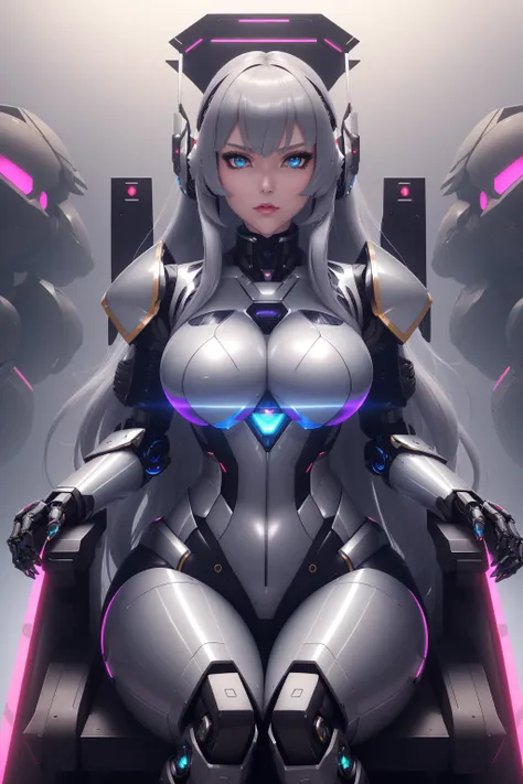 a  portrait of a Goliath [temptress|vixen] police, (edgMechagirl, a woman in a mecha outfit,futuristic armor,wearing edgMechaGirl cyber_armor :1.2), <lora:edgMechagirl:0.5>, lovely, perfect face, pretty face, grey-blue eyes, silver hair, absurdly long hair, medium breasts, lush detail, absurdres, sat on a throne,