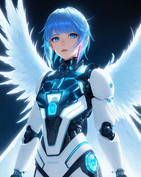 bangs! robot arms! angel wings, iridescent! closeup! light baby blue hair, cloud background, masterpiece, cyborg, 19 year old young woman, by Franois Quesnel, best quality, epic, cinematic! sharp focus, 8k, extremely detailed swords! photo realistic, swords! pale, outstanding, extreme detail, scifi body suit collar, by mike winkelmann beeple, style of Artgerm and WLOP and Ilya Kuvshinov, outstanding (face war paint:1.2) female wearing full body multiple stitched layer (anime screenshot! blue lightning! bright blue hair! leather armor, angel wings! blue eyes, white metal body! vibrant over saturated, fabric with intricate pattern:1.3) pink anime screencap <lora:animeScreencap):0.1> (white body suit, iridescent vibrant over saturated:1.3)