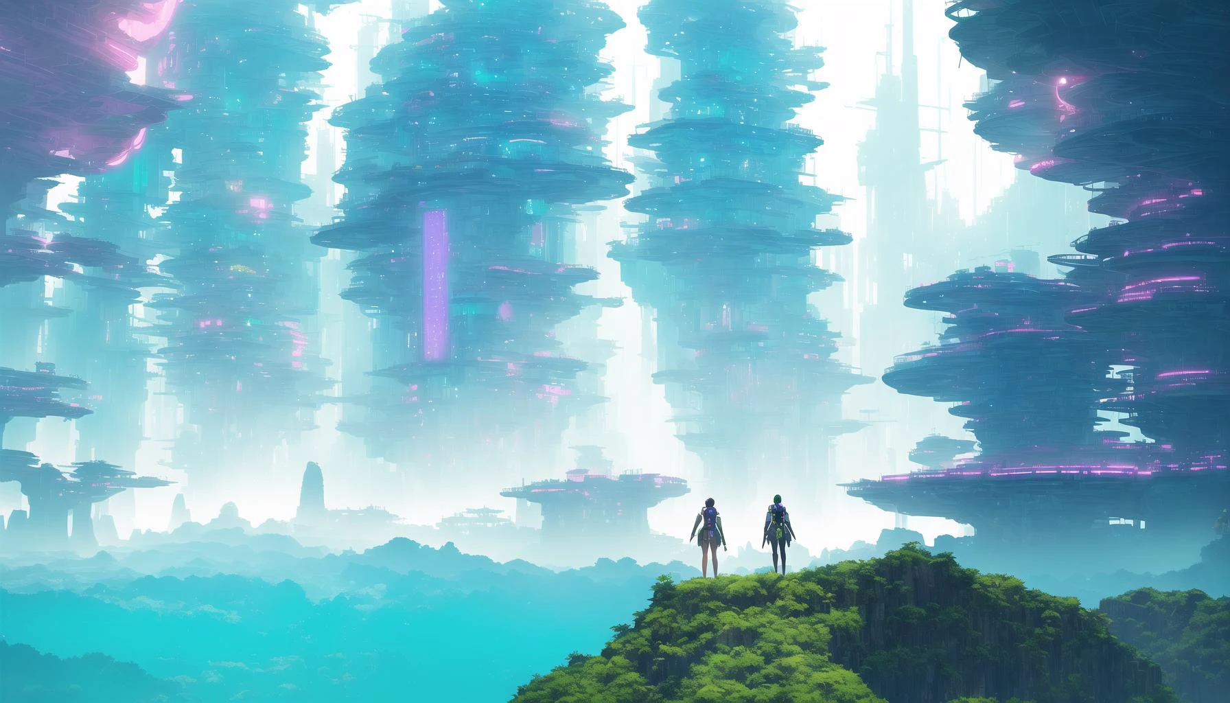 GIANT BRIGHT SUNRISE, BAMBOO RIVER!, waterfall! solarpunk cyberpunk futuristic city, textured dirty details, vast wide angle lens sharp focus, bioluminescent glowing, pastel green misty ocean, alien spaceships, octane render unreal engine 8k extreme detail. By Shinkai Makoto and Mike Winkelmann Beeple and Studio Ghibli and Akihiko Yoshida (vibrant over saturated, pastel shades:1.2)<hypernet:last:0>