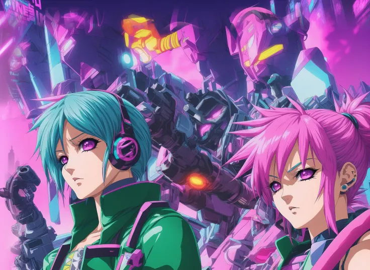 anime retro BUT ALSO CEL SHADING 4k HDR SHARP FOCUS VIBRANT!!! AT THE NEON CYBERPUNK PASTEL PUNK PASTEL, PASTEL PLUSH SYNTHPUNK PARK (ROGUE THEIF RANGER MODERN WOMAN, MANY WOMEN!!!:1.3) CYBER PUNK LAND SCAPE SCI-FI ANIME FANTASY POSTER