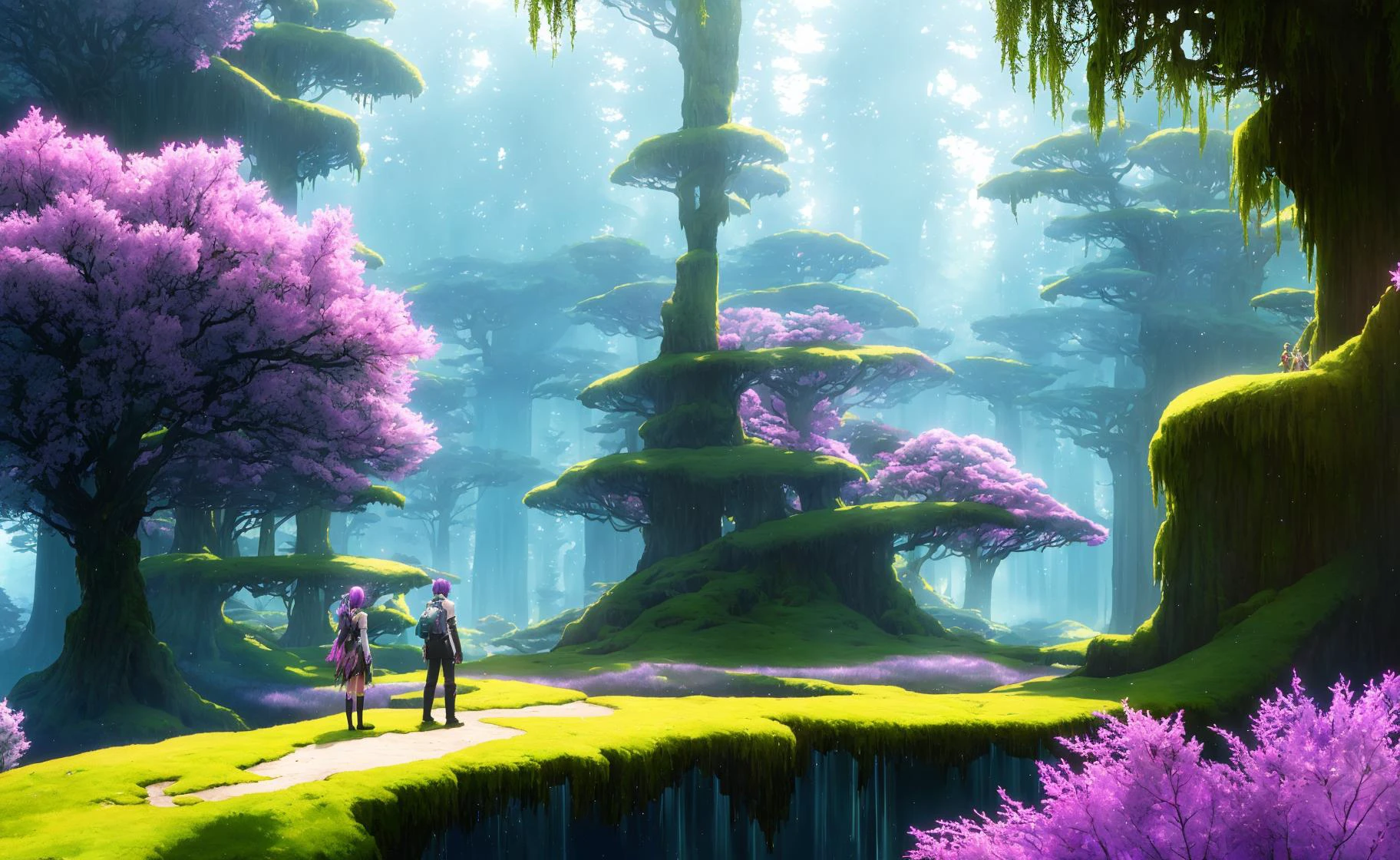 ilac crystal waterfall in a fantasy landscape with trees and moss in foreground and background, giant lilac crystals. Purple iridescent crystal braided thread foxes, soft lilac pastel crystal forest, sense of awe, cinematic, industrial, extreme detail, octane render, volumetric lighting, 8k, unreal engine, sci-fi. By John Martin, Beeple, Albert Bierstadt, Studio Ghibli, Akihiko Yoshida, Mike Winkelmann. Features vast landscape, redwoods, mossy rocks, crystal shards. (vibrant over saturated:1.2)