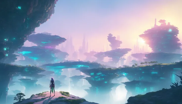 GIANT BRIGHT SUNRISE, BAMBOO RIVER!, waterfall! solarpunk cyberpunk futuristic city, textured dirty details, vast wide angle lens sharp focus, bioluminescent glowing, pastel green misty ocean, alien spaceships, octane render unreal engine 8k extreme detail. By Shinkai Makoto and Mike Winkelmann Beeple and Studio Ghibli and Akihiko Yoshida (vibrant over saturated, pastel shades:1.2)<hypernet:last:0>