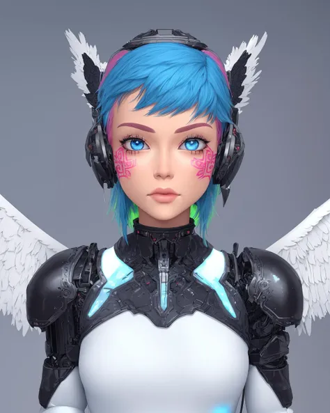 bangs! robot arms! angel wings, iridescent! closeup! light baby blue hair, cloud background, masterpiece, cyborg, 19 year old young woman, by Franois Quesnel, best quality, epic, cinematic! sharp focus, 8k, extremely detailed swords! photo realistic, swords! outstanding, extreme detail, scifi body suit collar, by mike winkelmann beeple, style of Artgerm and WLOP and Ilya Kuvshinov, outstanding (face tattoos war paint:1.3)
wanostyle female wearing full body multiple stitched layer (soft pink lips) (blue lightning! bright blue hair! leather armor, large angel wings! blue eyes, white metal body! vibrant over saturated, fabric with intricate pattern:1.3) pink kai <hypernet:kai:0.03> (tan skin tone:1.3) (3d model, white body suit, iridescent vibrant over saturated:1.5) wanostyle ghibli style anime screencap retro artstyle  <lora:Ghibli:0.04> <lora:wano:0.02> <lora:1990sAnime:0.01> <lora:animeScreencap:0.01>