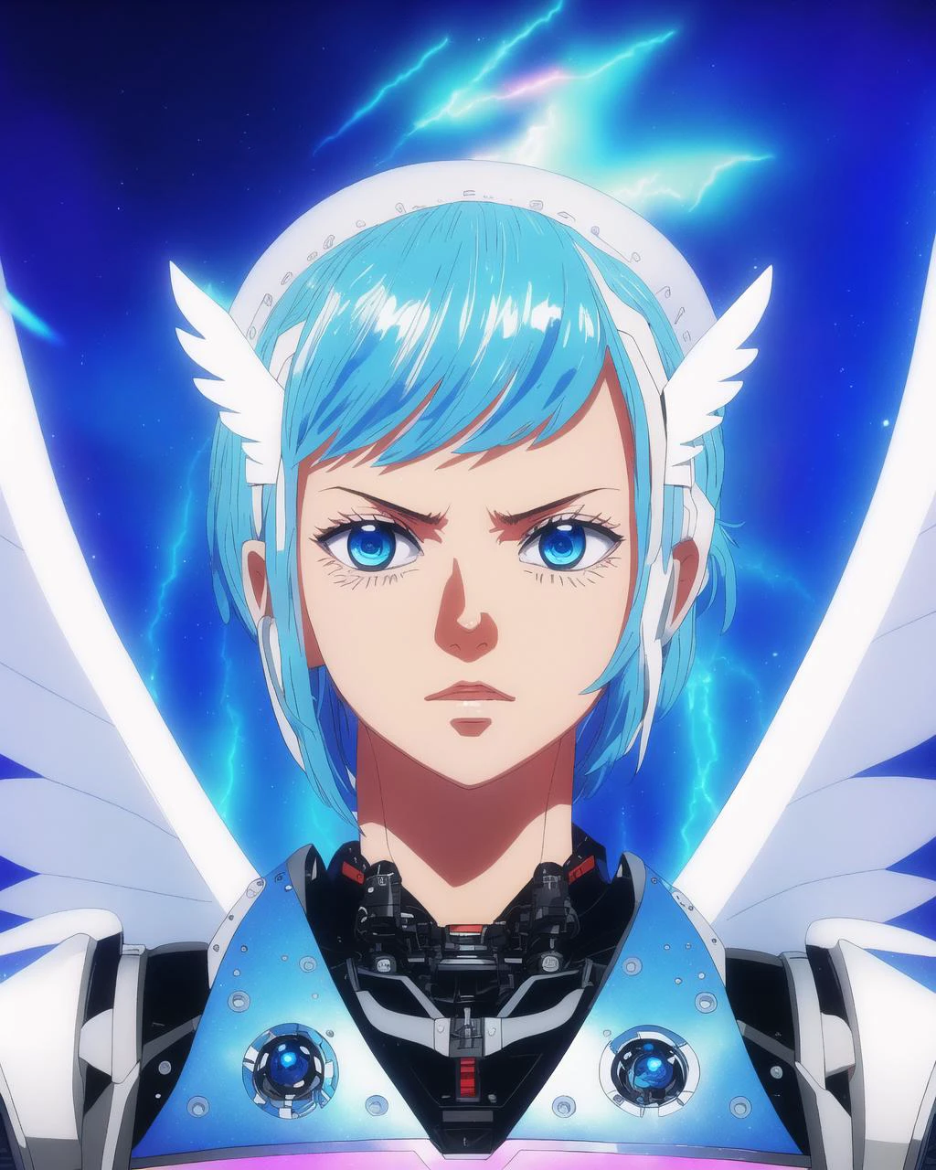 side bangs! robot arms! closeup! light blue hair, cloud background, masterpiece, cyborg, 19 year old young woman, best quality, epic, cinematic! sharp focus, 8k sword! pale, outstanding, extreme detail, scifi body suit collar, (style of Franois Quesnel and shinkai makoto and ghost in the shell Hiromasa Ogura and mike winkelmann beeple and Artgerm and WLOP and Ilya Kuvshinov and synthpunk:1.1) outstanding (glowing face war paint)
wanostyle mksk style female wearing full body multiple stitched layer (iridescent! robot! sharp focus! anime screenshot!:1.3) (blue lightning! bright blue hair! leather armor, angel wings! blue eyes, white metal body! vibrant over saturated, intricate pattern:1.3) <lora:wano:0.5> <hypernet:last:0.4> pink