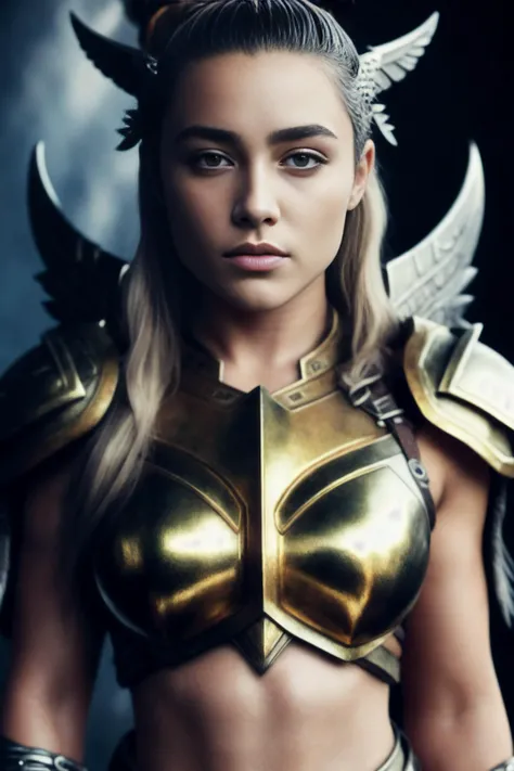 a full body photo of florence2 with a angry look on her face dressed as a valkyrie, (upper body), (valkyrie outfit:1.3) in front of battle zone, (blue landscape), detailed skin texture, (blush:0.5), (goosebumps:0.5), subsurface scattering, ultra hd, 4k, high def, realistic, Photorealistic, Hyperrealistic, Hyperdetailed, analog style, detailed skin, matte skin, soft lighting, subsurface scattering, realistic, heavy shadow, masterpiece, best quality, ultra realistic, 8k, golden ratio, Intricate, High Detail, film photography, soft focus