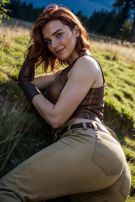 cait, green eyes, short red hair, brown vest, midriff, belt, brown pants, dirty clothes, elbow gloves, looking at viewer, serious, seductive smile, lying, on side, ass focus, outside, grass, forest, night time, high quality, masterpiece,<lora:cait:.7>