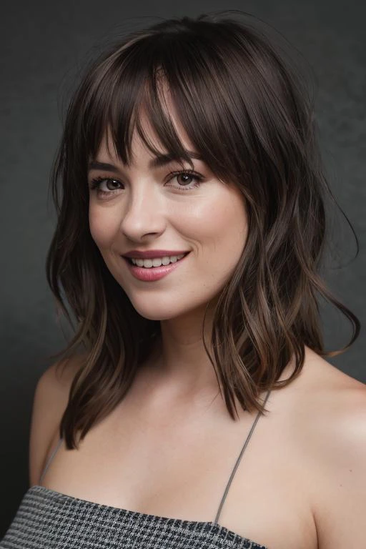 <lora:d4k0t4:0.9>, a Realistic photo of a d4k0t4 woman, looking at viewer, simple background, brown hair, bare shoulders, upper body, teeth, grey background, grin, arm up, lips, realistic, soft lighting, professional Photography, Photorealistic, detailed, inside a dark Studio Room background, blurred background, RAW, analog, sharp focus, 8k, HD, DSLR, high quality, Fujifilm XT3, film grain, award winning, masterpiece