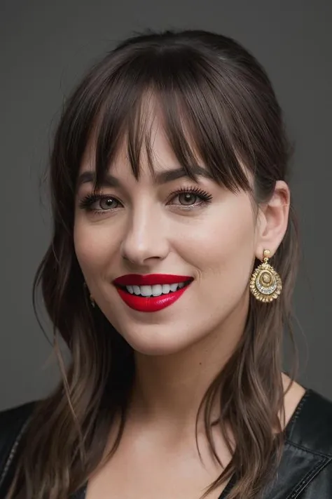 <lora:d4k0t4:0.9>, a Realistic photo of a d4k0t4 woman,long hair, looking at viewer, bangs, simple background, brown hair, jewelry, earrings, teeth, grin, lips, makeup, lipstick, portrait, realistic, soft lighting, professional Photography, Photorealistic, detailed, inside a dark Studio Room background, blurred background, RAW, analog, sharp focus, 8k, HD, DSLR, high quality, Fujifilm XT3, film grain, award winning, masterpiece