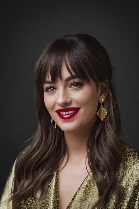 <lora:d4k0t4:0.9>, a Realistic photo of a d4k0t4 woman,long hair, looking at viewer, bangs, simple background, brown hair, jewelry, earrings, teeth, grin, lips, makeup, lipstick, portrait, realistic, soft lighting, professional Photography, Photorealistic, detailed, inside a dark Studio Room background, blurred background, RAW, analog, sharp focus, 8k, HD, DSLR, high quality, Fujifilm XT3, film grain, award winning, masterpiece