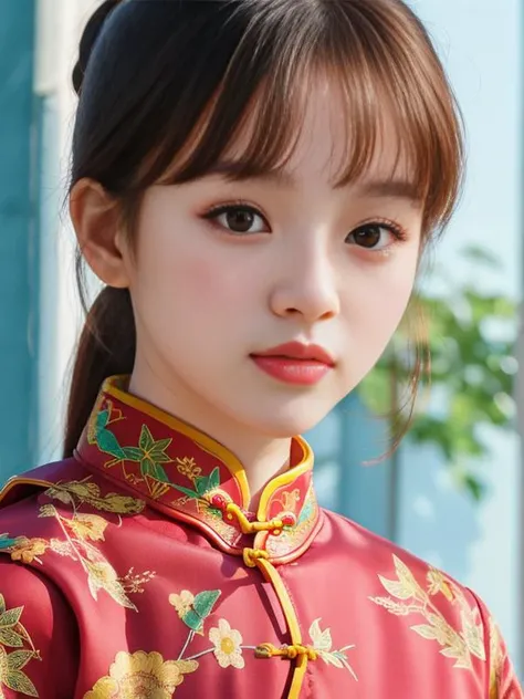 (Color Photo:1.3), best quality, portrait of cute girl, 21 years old, (_female-cheongsam-uniforms_:1.3), (stockings:1.2), (instaphoto:1.2), (beautiful brown eyes:1.3), (_female-haircuts-ponytail_:1.2), symmetrical face, (looking at camera:1.3), _advanced-posing_, , analog, pastel color, masterpiece, (slim body:1.1), (beautiful facial features:1.1), soft and natural skin, (pale skin:1.2), perfect body, detailed textured, cotton fabric, cinematic lighting, by _advanced-artist-photographer_,A stunning intricate full color portrait of elz , epic character composition, nina masic, sharp focus, natural lighting, subsurface scattering, f2, 35mm, <lyco:ElizabethD-RealVision-V1.0:1.0>