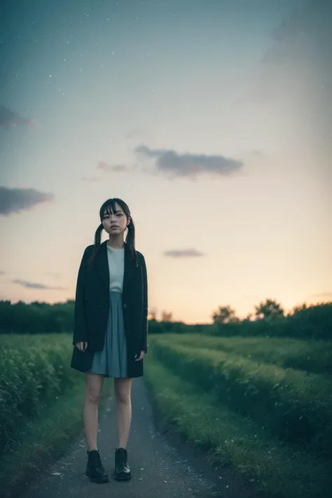 a girl standing alone in front of a train station on a dark night, film grain, depth of field, analog film style, vivid color, 1girl, slender body, full body, beautiful eyes, beautiful symmetrical face, ponytail, bangs, blouse, skirt, fog, (night, dark, dark photo, grainy, dimly lit:1.3), (masterpiece:1.2), best quality, high quality, (realistic), (absurdres:1.2), UHD, ultrarealistic, noise<lora:JPfilmColor_Heavy_grain:0.5> <lora:???????>