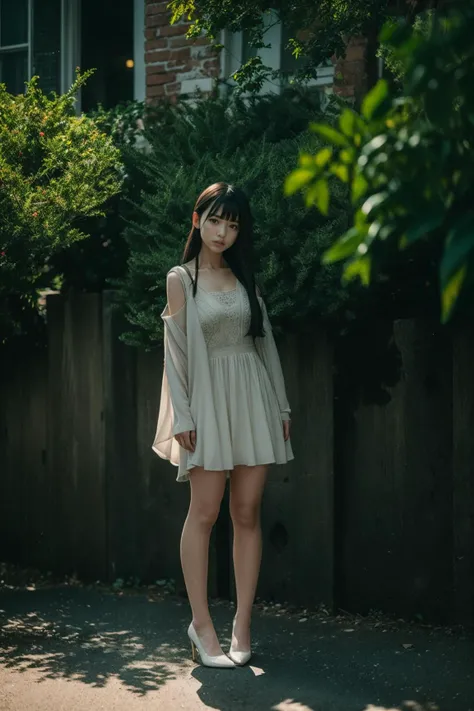 late at night in front of an artistic mural, dappled sunlight, (masterpiece), (detailed), (intricate details), (realistic), raw, 8k, 1girl, pale skin, solo, skinny body, (full body), blush, (ponytail, bangs), windy, white dress, pantyhose, high heels, looking at viewer, silhouette, dof, light spread, film grain, film emulation, rim light, low light, hard shadows, deep contrast <lora:JPfilmColor_Heavy_grain:0.5> <lora:k-seutah05:0.75>