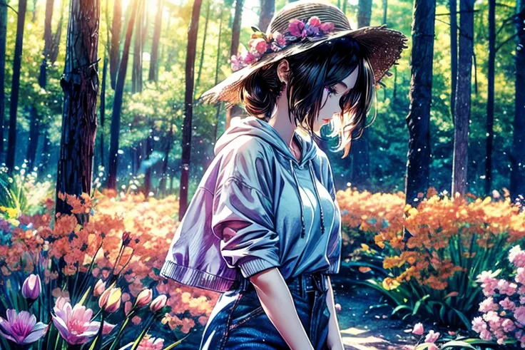(masterpiece, best quality), raw photo, photorealistic, ultra photoreal, HDR, 4K, 8K, 16K, ultra detailed, extremely detailed, intricately detailed, absurdres,
1girl, solo,
Conjuring flowers with magical gestures in an enchanted forest.,
beautiful, Relieving, Caring, pink eyes, Chocolate brown hair, High ponytail hair, messy hair, perfect anatomy, Rayon High-waisted denim skirt, Hoodie, , Wide-brimmed hat, ,
Bokeh ,Bloom light, Boom Shot, dynamic angle, lifelike,
colorful world, <lora:colorful world_20230606112956-000017:0.6>, Heavy grain, <lora:JPfilmColor_Heavy_grain:0.4>, <lora:add_detail:1.2>,