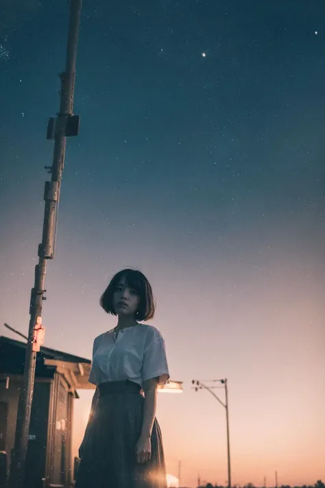 a girl standing alone in front of a train station on a dark night, film grain, depth of field, analog film style, vivid color, 1girl, slender body, full body, beautiful eyes, beautiful symmetrical face, (short hair, blubber bangs), white shirt, skirt, fog, (night, dark, dark photo, grainy, dimly lit:1.3), (masterpiece:1.2), best quality, high quality, (realistic), (absurdres:1.2), UHD, ultrarealistic, noise<lora:JPfilmColor_Heavy_grain:0.5><lora:????????>