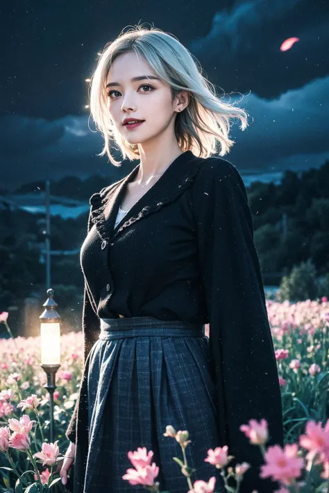 masterpiece,best quality,1girl,(colorful),(delicate eyes and face),volumatic light,ray tracing,bust shot,extremely detailed CG unity 8k wallpaper,solo,smile,intricate skirt,((flying petal)),(Flowery meadow) sky,cloudy_sky,moonlight,moon,night,(dark theme:1.3),light,fantasy,windy,magic sparks,dark castle,white hair,<lora:Heavy_grain:0.6>,