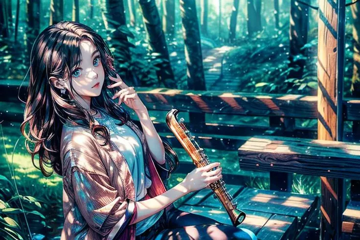 (masterpiece, best quality), raw photo, photorealistic, ultra photoreal, HDR, 4K, 8K, 16K, ultra detailed, extremely detailed, intricately detailed, absurdres,
1girl, solo,
In the heart of a dense forest, she played a haunting melody on a wooden flute, beckoning mystical creatures.,
beautiful, Regret, Extraordinary, pink eyes, Chocolate brown hair, Side-swept curls hair, ringlets, perfect anatomy, Lurex RoseGold Scallop Straight-leg cropped jeans, Digital print Lace Blazer, Espadrilles, , and,
split diopter ,flat lighting, Close-Up, dynamic angle, lifelike,
colorful world, <lora:colorful world_20230606112956-000017:0.6>, Heavy grain, <lora:JPfilmColor_Heavy_grain:0.4>, <lora:add_detail:1.2>,