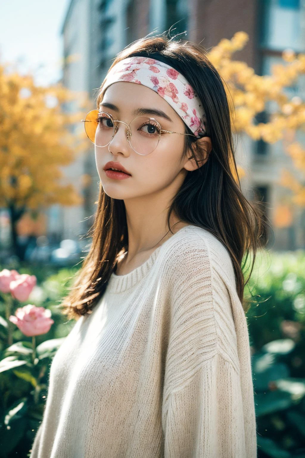 1girl, sweater ,outdoors , (headband:1.2) , <lora:round_glasses-v17h:0.7> round_eyewear, (flower:1.3), <lora:JPfilmColor_Heavy_grain:0.4> film overlay, film grain, <lora:add_detail:1>, Best quality, masterpiece, ultra high res, (photorealistic:1.4)