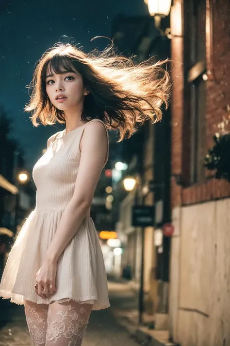 street with artistic murals late at night, (masterpiece), (detailed), (intricate details), (realistic), raw, 8k, 1girl, pale skin, solo, (cowboy shot), blush, (short hair, curly hair, messy hair, bangs), windy, (floating hair), white blue striped dress, pantyhose, high heels, dof, film grain, film emulation, cinematic lighting<lora:JPfilmColor_Heavy_grain:0.5> <lora:test06:0.35> <lora:test05:0.3>