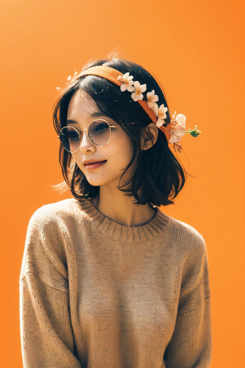1girl, sweater ,(orange background:1.3) , headband , <lora:round_glasses-v17h:0.7> round_eyewear, smile, (closed mouth:1.4) (flower:1.3), <lora:JPfilmColor_Heavy_grain:0.4> film overlay, film grain, Best quality, masterpiece, ultra high res, (photorealistic:1.4)